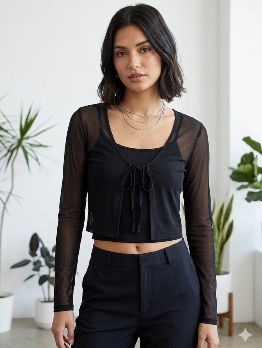 ARDENE SHEER BLACK MESH TOP LONG SLEEVE TIE FRONT CROPPED Y2K